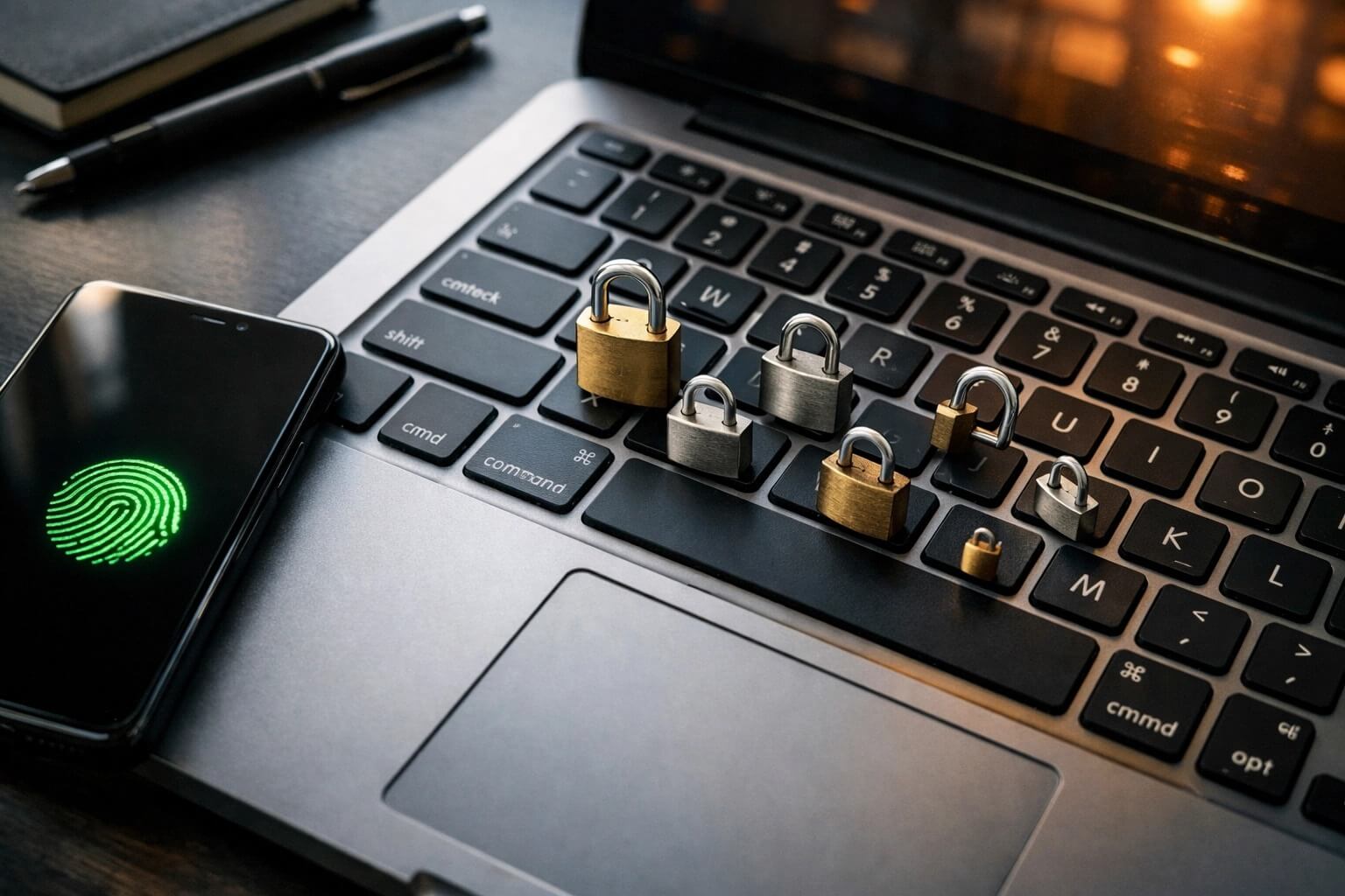 Several padlocks are placed on a laptop keyboard next to a smartphone displaying a green fingerprint icon.