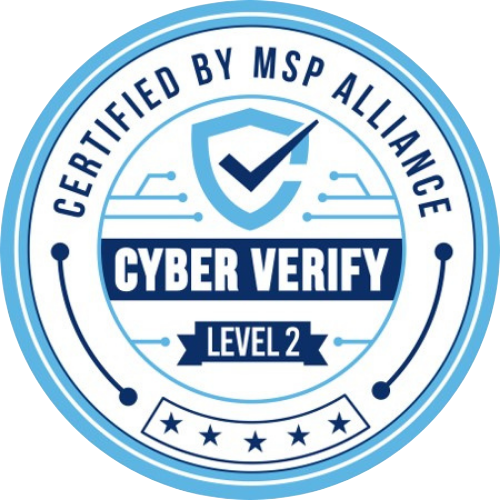 Round blue and white badge with a shield and checkmark icon, labeled 'Certified by MSP Alliance, Cyber Verify Level 2' and five stars at the bottom.